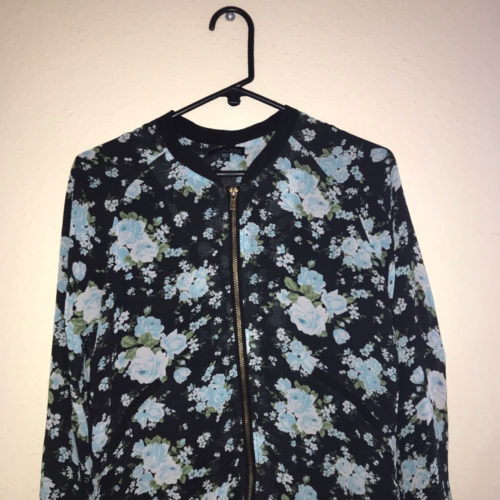 Black jacket with blue Floral design 💙🌸🖤